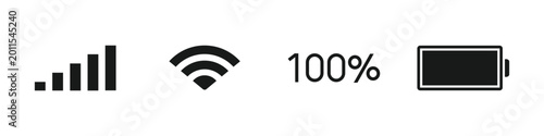 Phone status bar icon set with battery signal and wifi symbols, simple mobile interface vector illustration