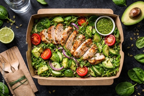 Top view of nutritious chicken and avocado salad in recyclable box emphasizing green food delivery on black background