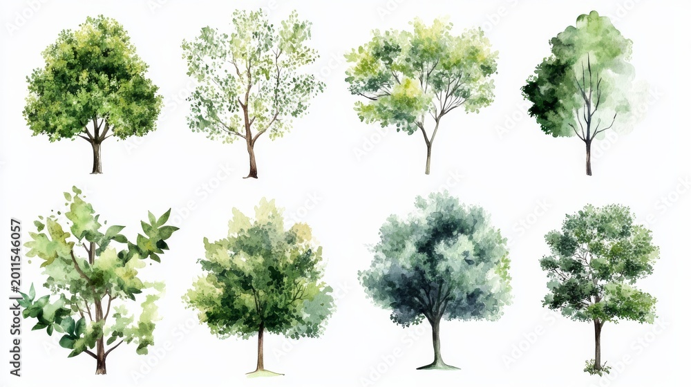 Fototapeta premium Different types of trees displayed in a simple arrangement with green shades and various forms