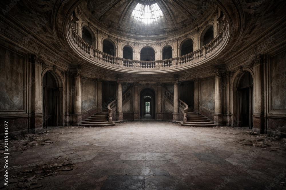Obraz premium Spacious round hall of a deserted mansion with worn details and copy space area