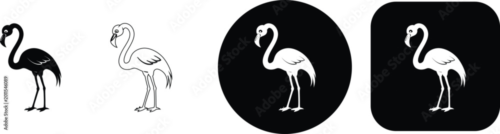 Fototapeta premium Standing flamingo bird in multiple formats outline black and white