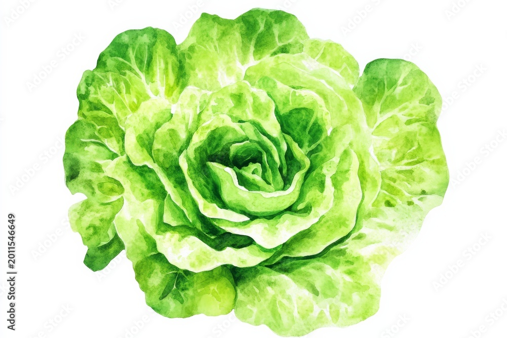 Fototapeta premium Fresh lettuce head placed on a white background with clear details showing the layers and green color of the leaves