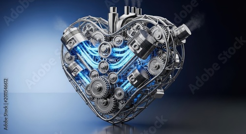 A complex futuristic mechanical heart engine made of polished chrome and steel with glowing blue energy conduits and intricate gears, 3d, gears, engine