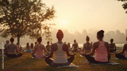 Diverse group of women practicing yoga and meditation at sunrise in a city park