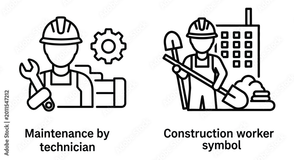 Naklejka premium Line art depicting construction worker and maintenance technician symbols with tools