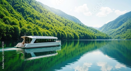 A modern boat with solar panels glides silently across the still waters of a mountain lake, framed by a thick forest of vibrant green trees, ecology, innovative, peaceful