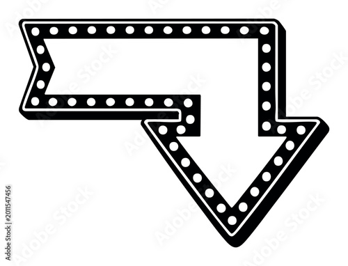 Vintage marquee arrow sign with lightbulbs, creating a retro glow effect for advertising, direction, or showbiz themes