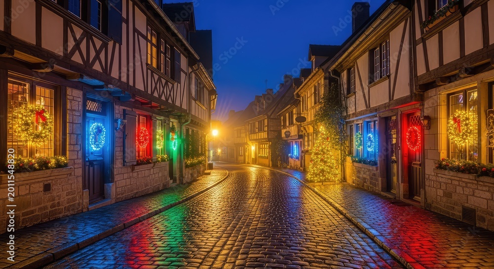 Fototapeta premium Charming cobblestone street in an old European village at night, featuring historic houses adorned with glowing holiday lights and wreaths, cobblestone, picturesque, wood