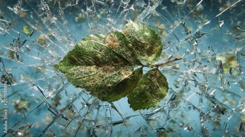 Leaf as a central element in a Surrealism photograph, with its texture replaced by shattered glass, Conceptual photography.