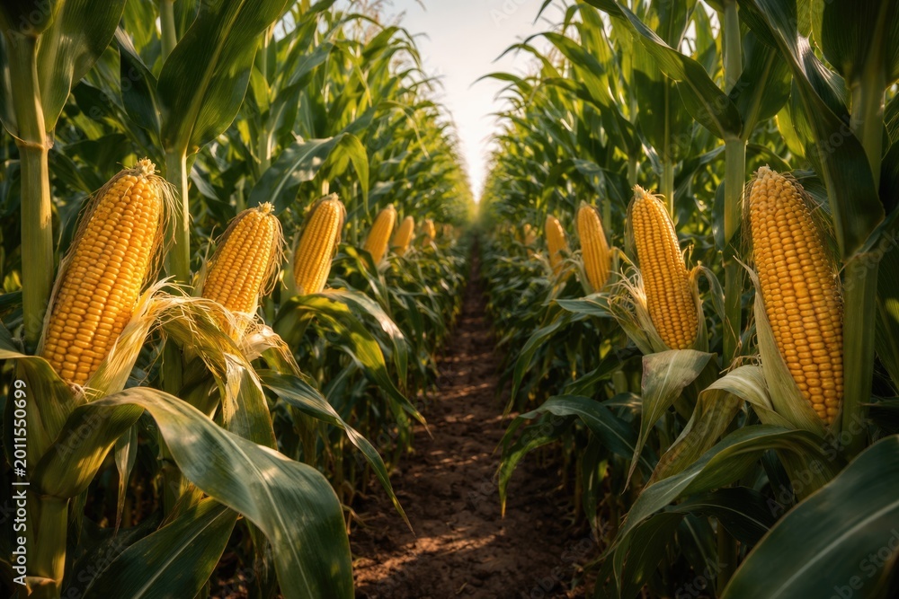 Fototapeta premium Rows of towering maize plants laden with nutritious starchy seeds in farmland