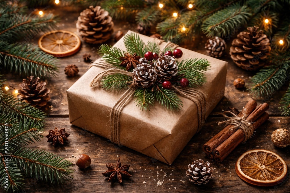 Naklejka premium Seasonally wrapped gift decorated with pinecones and conifer branches on rustic wood table for holiday festivities