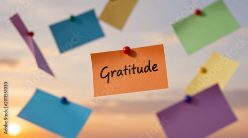 A vibrant array of notes expressing gratitude floats in a sunset sky, symbolizing appreciation and positive reflection. Ideal for motivation and mindfulness themes.