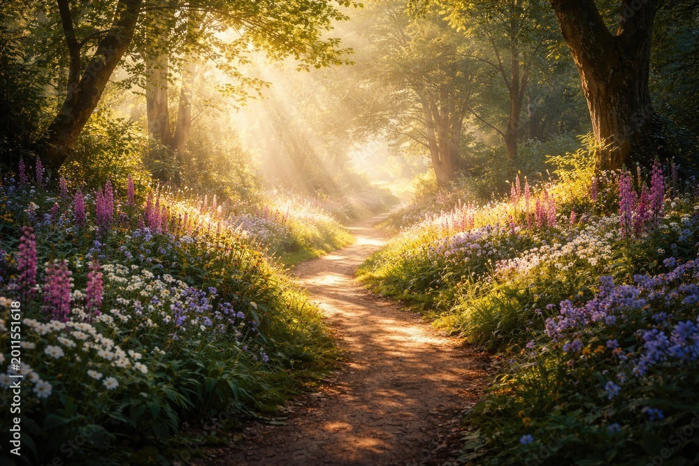 Fototapeta premium Radiant woodland path illuminated by sunlight and lush flowers creating a calm magical environment