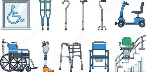 Bild auf Leinwand Disability and Mobility Aid Equipment Icon Set with Wheelchair, Crutches, Walkin