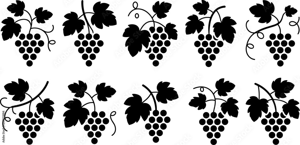 Fototapeta premium Black Silhouette Grape Bunch and Vine Leaf Collection Set with Various Shapes for Winery Wine and Vineyard Label Design