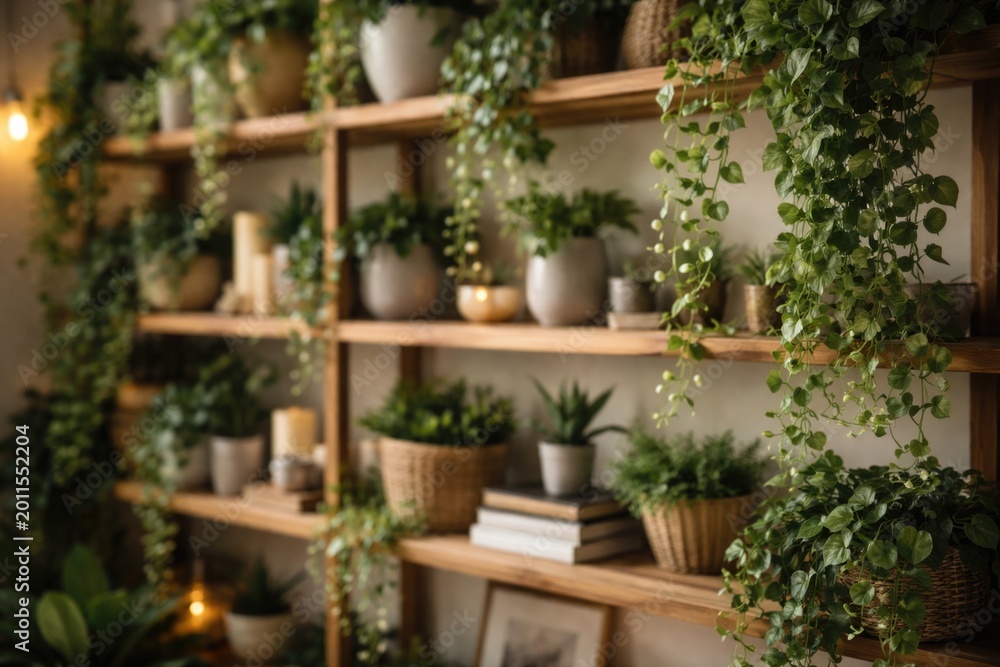 Fototapeta premium out of focus open shelf decorated with trailing plants for large format print