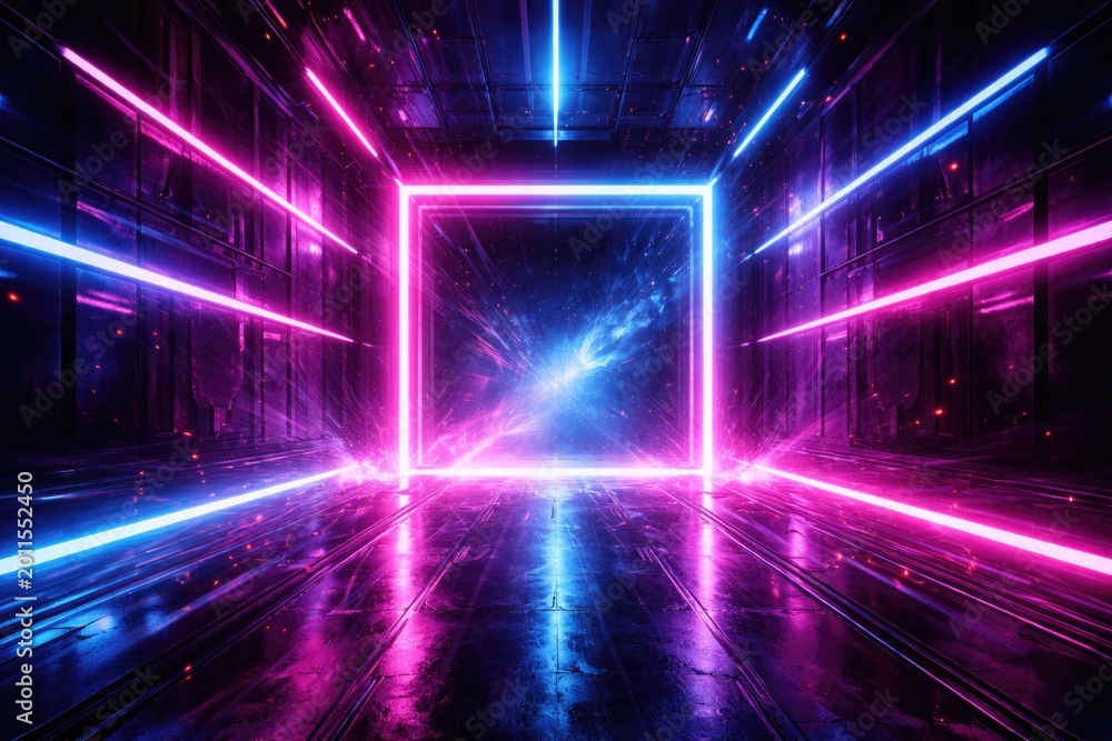Fototapeta premium Square portal framed by bright neon pink and blue lights in an abstract glowing tunnel with intense laser visuals