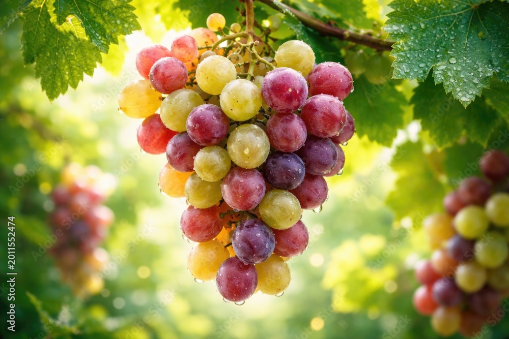 Obraz premium Vibrant fresh grapes along with green leafy background suited for spring editorial layouts