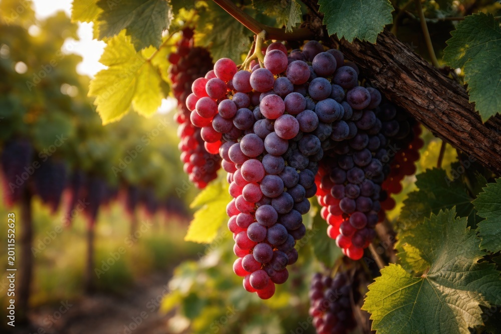 Obraz premium Focused image of Sangiovese grapes turning red on vineyard vines