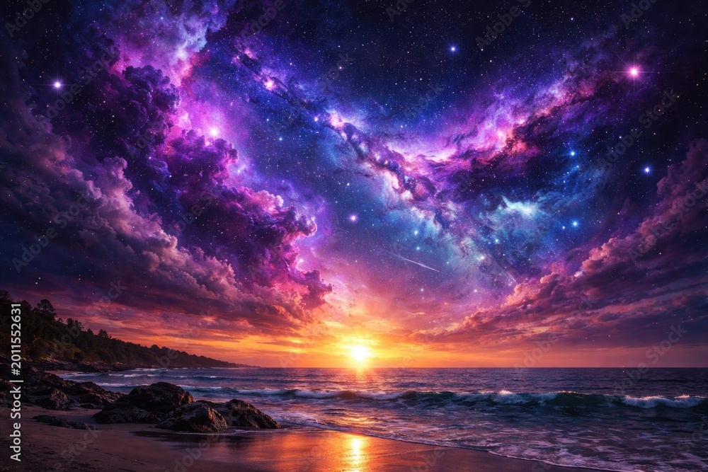 Fototapeta premium Vibrant purple and blue nebula clouds with stars drifting across summer sunset seascape