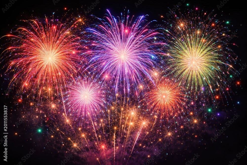 Fototapeta premium Radiant firework display with multicolor sparks on black sky for seasonal party backdrops