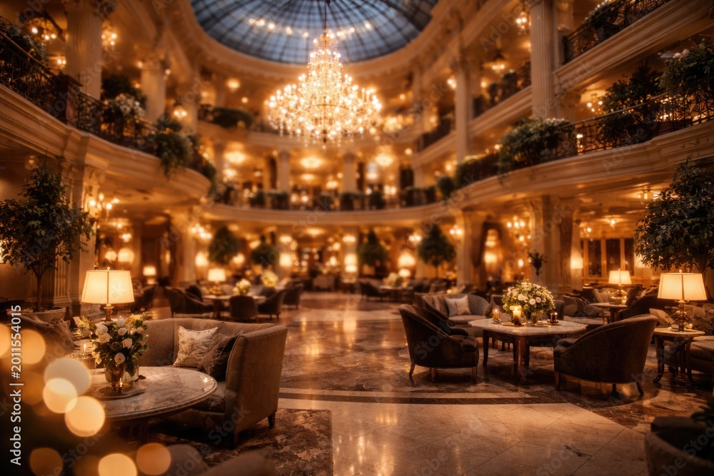 Obraz premium Elegant hotel atrium interior with soft warm light and blurred bokeh effects suitable for design projects