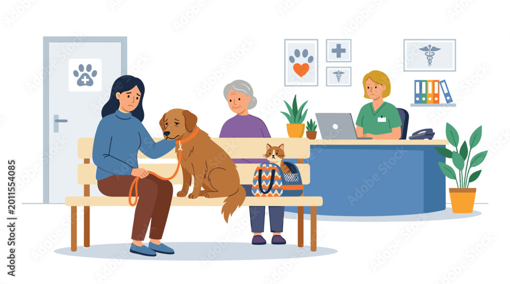 Fototapeta premium A woman sits with her dog on a leash in a brightly lit veterinary office waiting room while staff members work at the reception desk in the background.