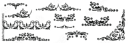 Black arabesque decorative elements. Vintage swirl-style ornament. Russian style, leaf pattern, elegant filigree ornament. Vector Slavic traditional motif. Suitable for card, wedding, and invitation.
