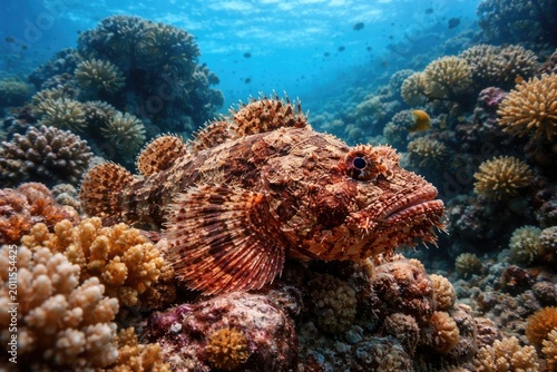 Underwater scene with scorpionfish near coral formations