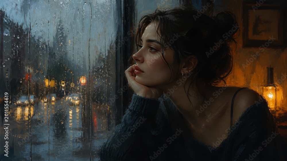 Obraz premium Melancholy Woman Watching Rainy Night City Lights from Window