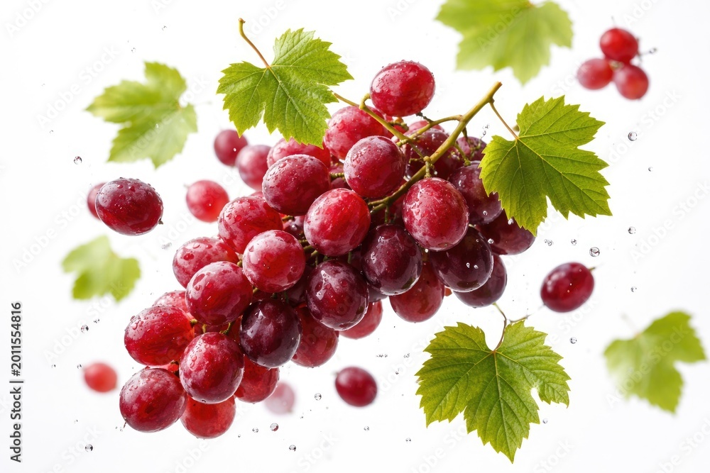 Obraz premium Red grapes and leaves caught mid flight on a clean white background