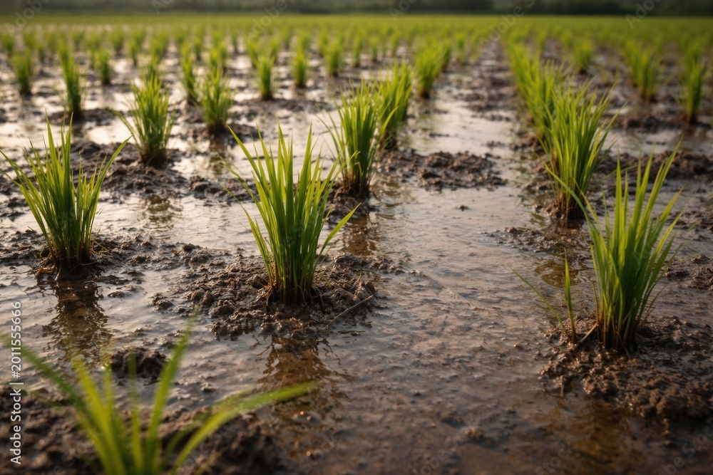 Obraz premium Early rice growth phase with seedlings in heavily watered muddy fields