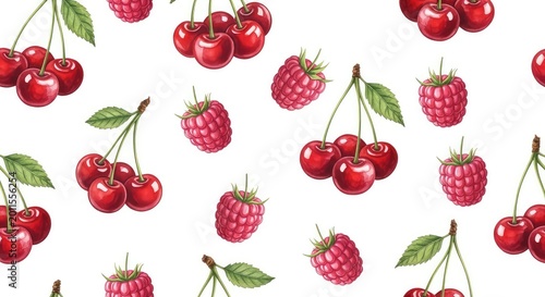A seamless watercolor pattern featuring ripe cherries and raspberries painted in soft red and pink tones on a clean white background, healthy, botanical, pink