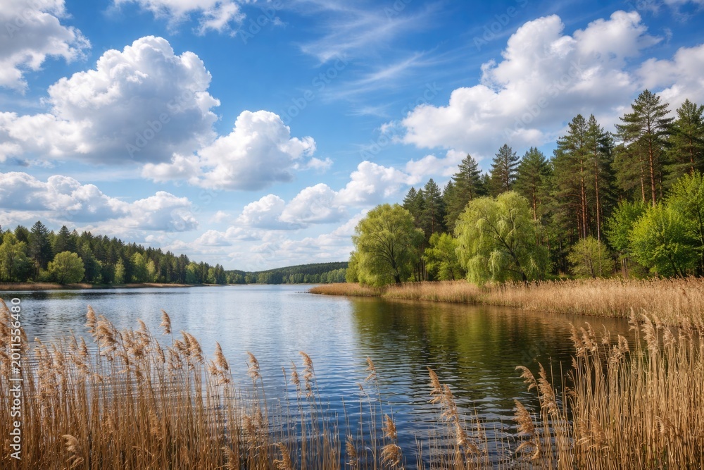Fototapeta premium Peaceful blue cloudy sky above a lakeside with dry reeds and mixed forest of willows and pines