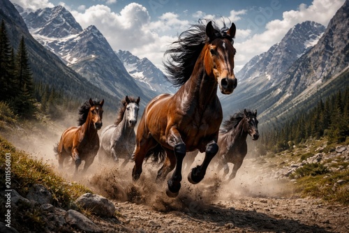 Powerful horses racing thro...