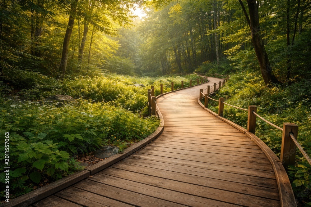 Obraz premium Natural boardwalk pathway twisting through vibrant woodland with open copy space area