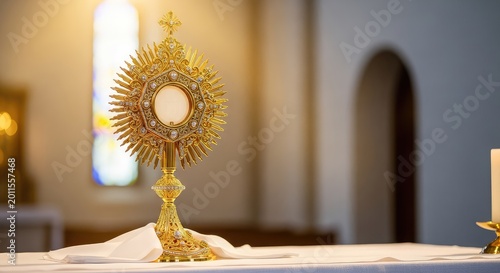An intricate gold monstrance displays a consecrated host upon a religious altar, bathed in warm divine light within a peaceful sanctuary, radiant, worship, metal