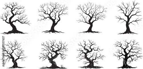 Bilde på lerret Dead tree silhouette vector illustration with twisted bare branches and exposed roots, isolated on white background