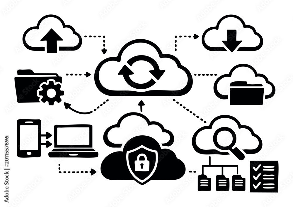 Fototapeta premium Cloud network integrating various digital processes including data transfer, synchronization, security, management, and information search