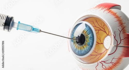 Detailed close-up of a syringe needle entering an anatomical eye model during an ophthalmic procedure for treating retinal disease symptoms, biological, disease, cornea