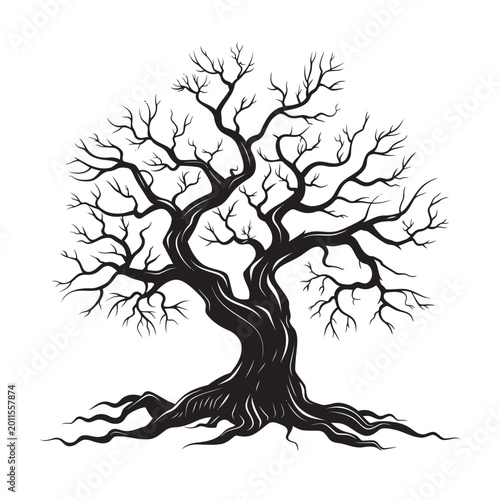 Dead tree silhouette vector illustration with twisted bare branches and exposed roots, isolated on white background.