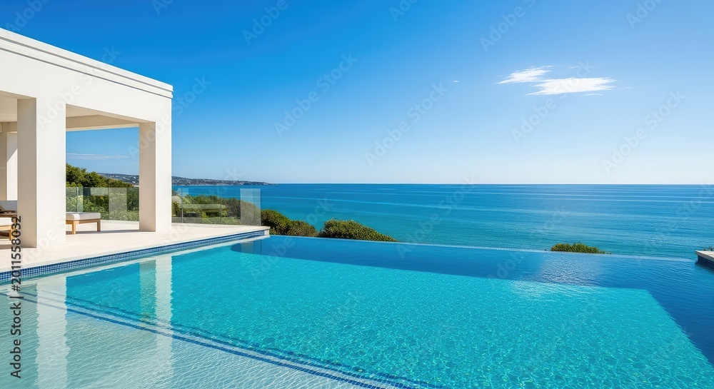 Fototapeta premium Elegant coastal estate with an infinity pool overlooking sparkling turquoise waters and a horizon view under a clear bright summer sky, turquoise, swimming pool, view