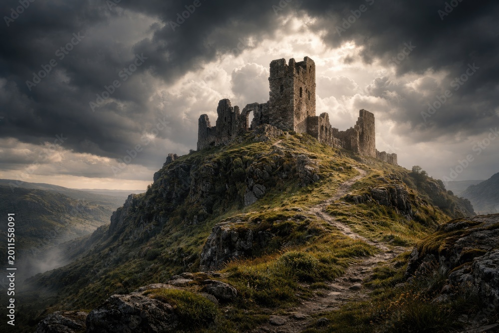 Obraz premium Ruined Castle on Elevated Terrain Under Cloudy Sky