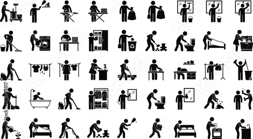 Bilde på lerret Black Silhouette Household Chores and Cleaning Activity Icon Set with People Doi