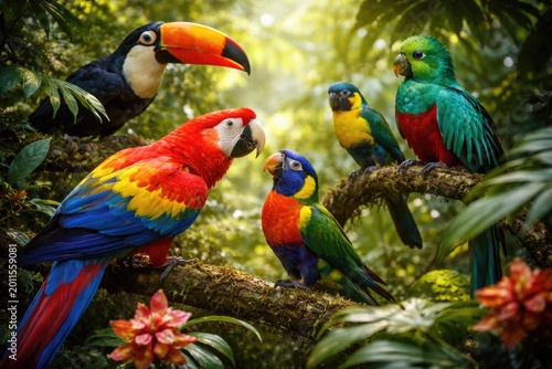 Colorful tropical birds int...