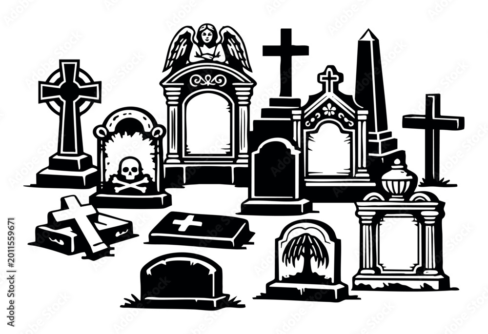 Fototapeta premium Gravestone collection displaying diverse tombstone designs, including crosses, skull and crossbones, an angel statue, and an obelisk