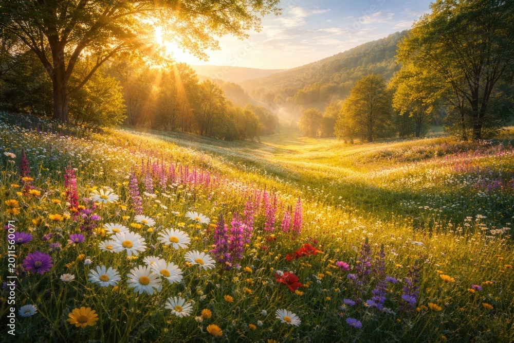 Obraz premium Radiant spring landscape showcasing a wide flower-covered meadow in sunlight