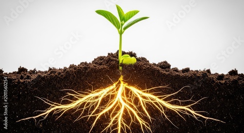Vibrant soybean seedling grows in fertile soil with radiant luminous roots underground, symbolizing agricultural innovation and plant health, life, glow, future