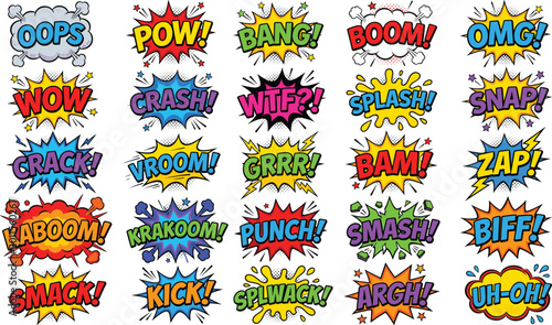 Fotografia Colorful Comic Book Sound Effect Speech Bubble Set with Pow, Bang, Boom, Zap, an