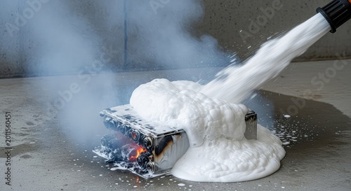 White chemical foam sprays from a nozzle onto a smoldering lithium ion battery pack releasing thick grey smoke on a generic concrete floor, foam, risk, smoldering